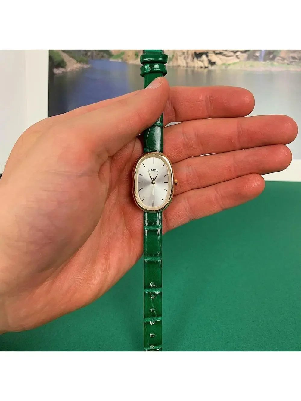 Y2k style green leather gold and silver luxury classy sport watch. 8 inches